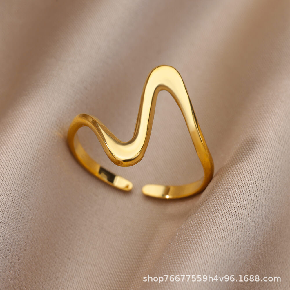 Gold Geometric Wavy Open Ring for Women – Adjustable Stainless Steel Fashion Jewelry