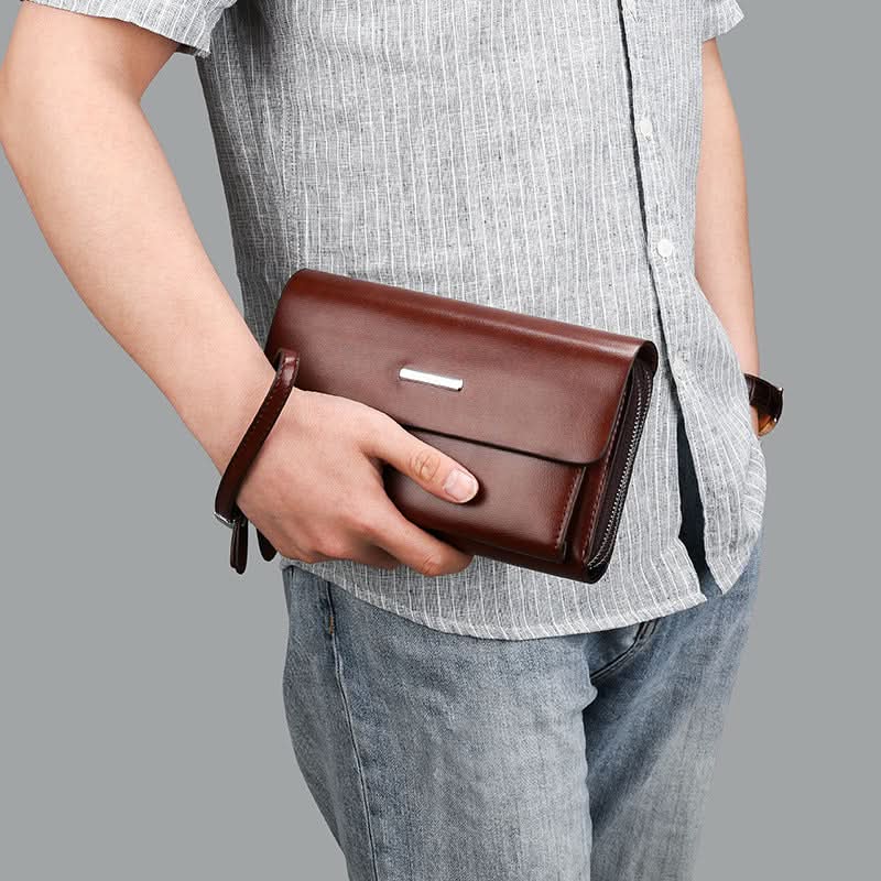 Men’s PU Leather Business Handbag – Double Zipper Wallet & Travel Clutch