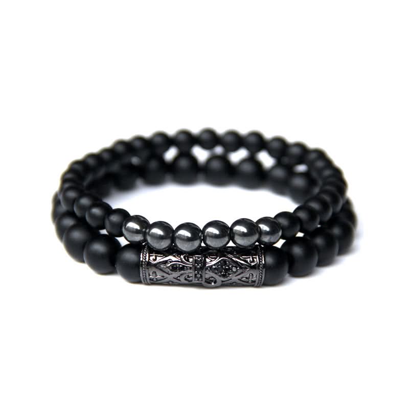 Unisex Natural Stone Beaded Bracelet Set – Micro-Inlaid Skull Design