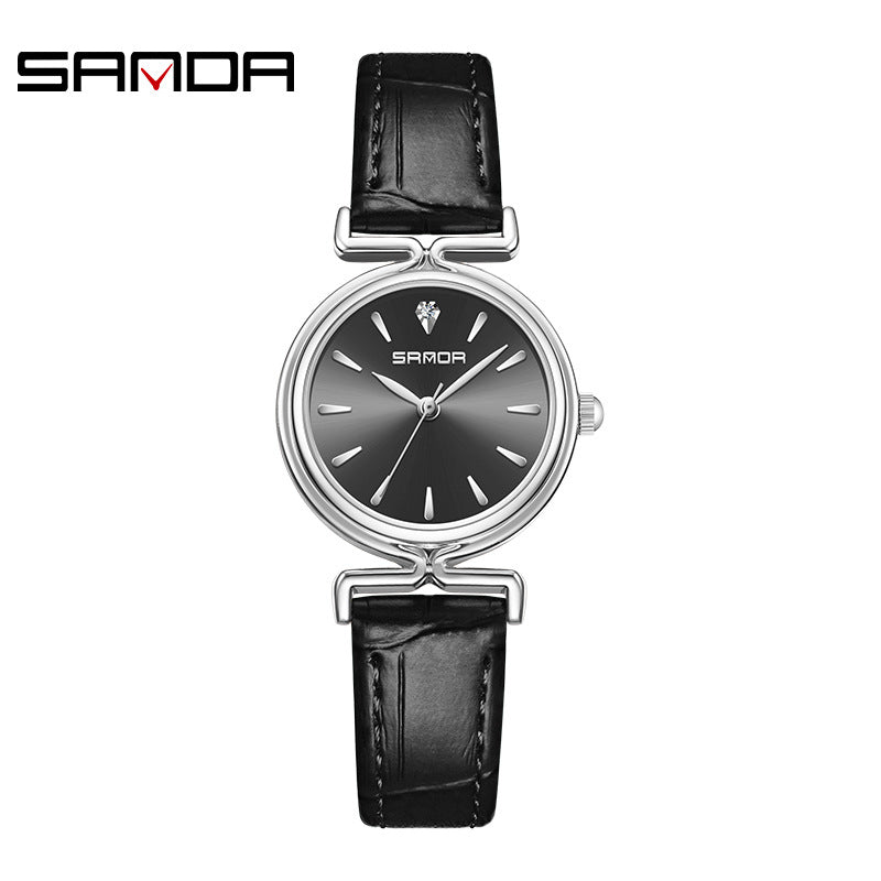Sanda Women’s Retro Leather Quartz Watch – Classic Round Dial, Waterproof Casual Watch