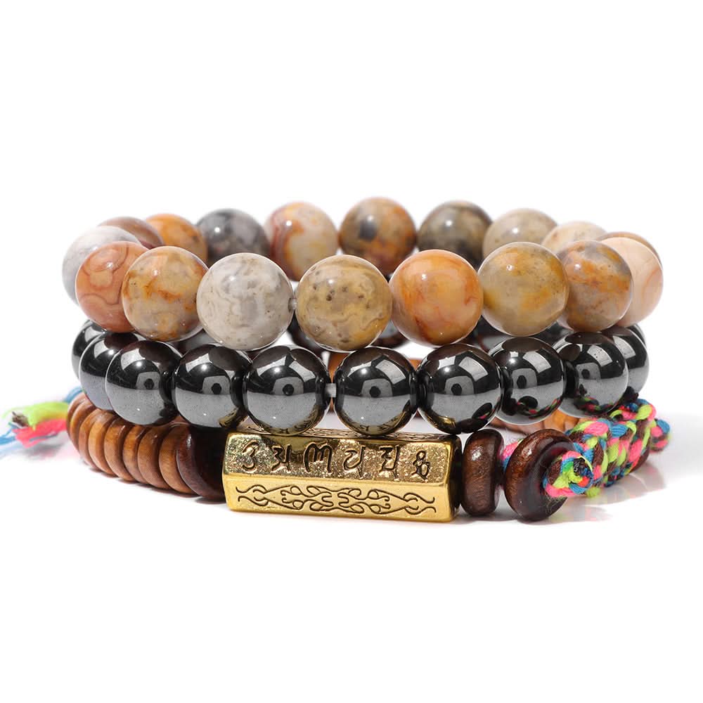 Unisex 3-Piece Tiger Eye & Agate Bead Bracelet Set – Six-Word Mantra