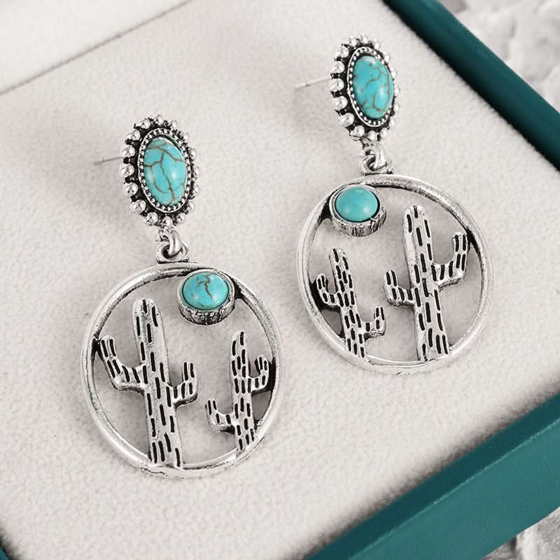 Vintage Turquoise Cactus Earrings – Boho Western Dangle Earrings for Women