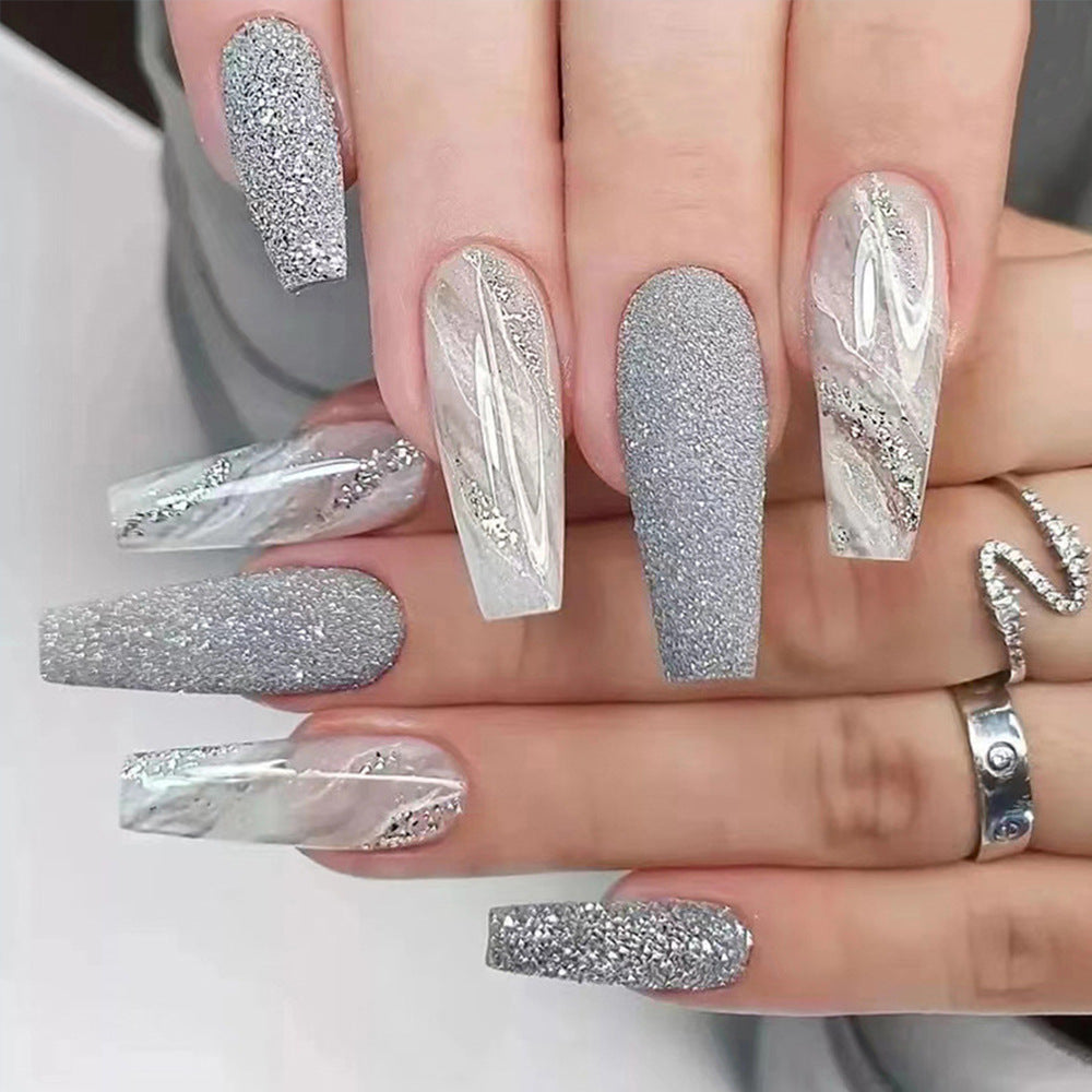 Marble Glitter Press-On Nails – Square Silver & White Acrylic Glue-On Set