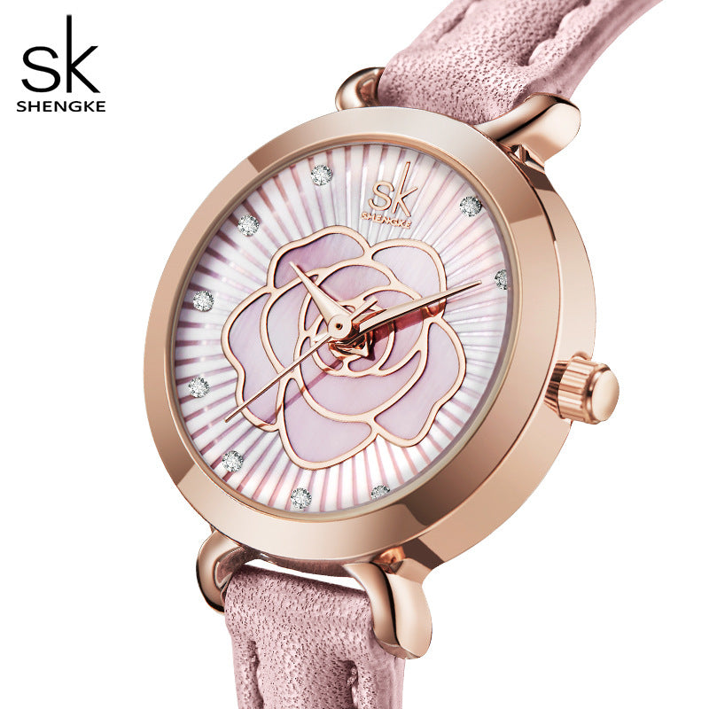SK Women’s Fashion Quartz Watch – Waterproof Rose Leather Strap, Elegant Round Dial