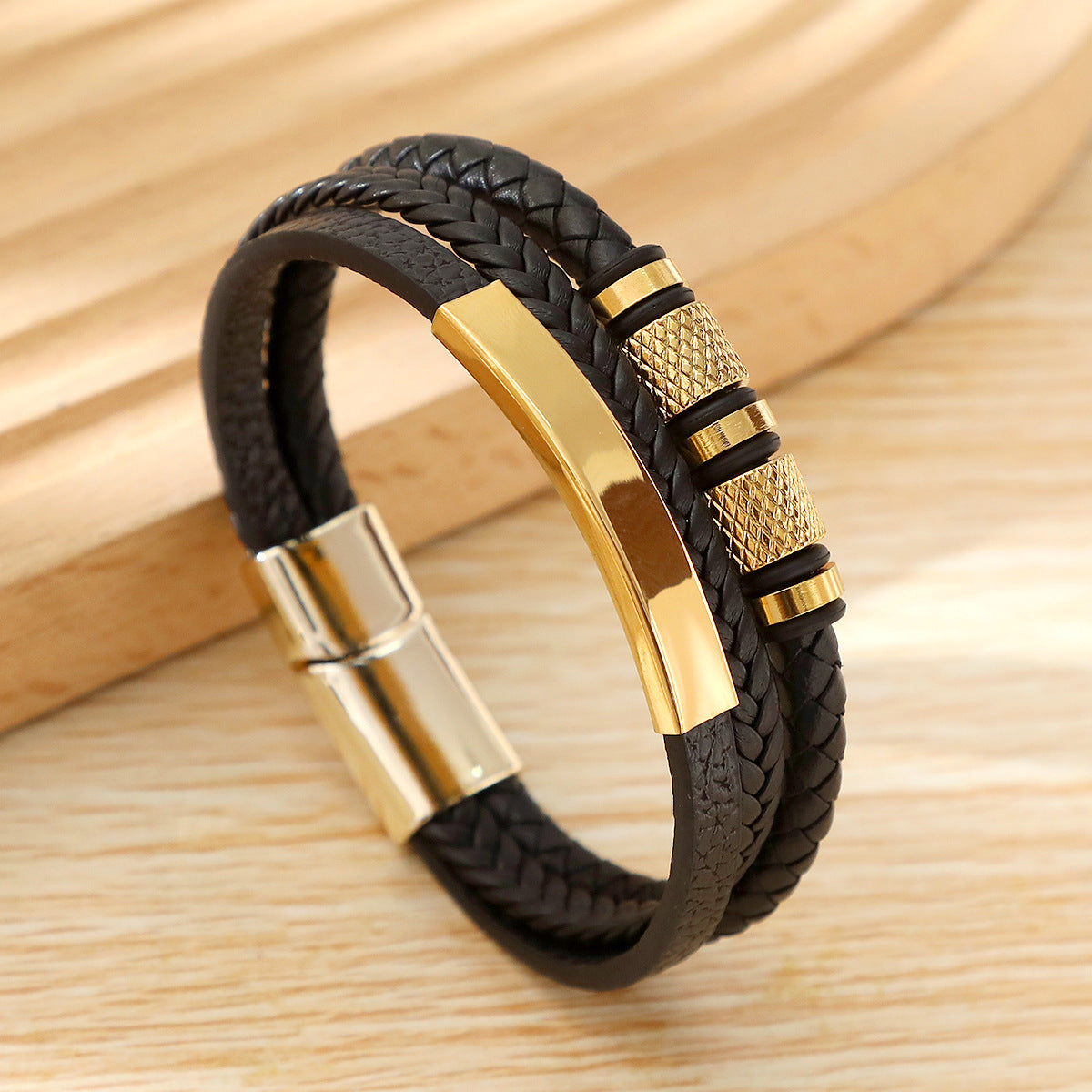 Men’s Leather Bracelet – Geometric Multi-Layer Design with Magnetic Alloy Clasp