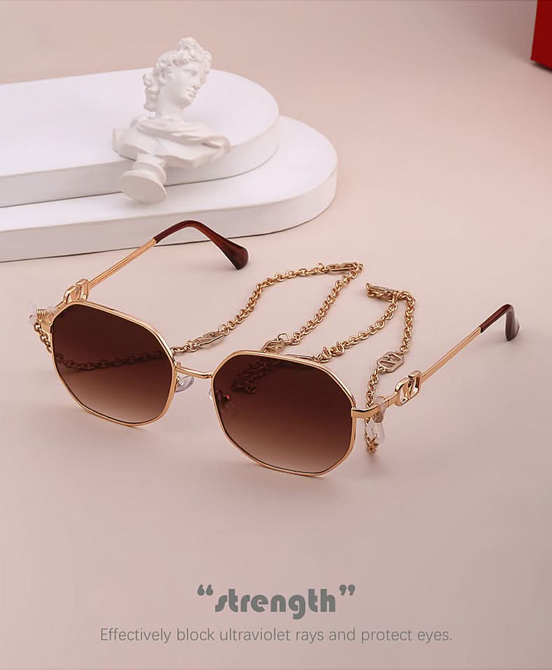 Trendy Women’s Sunglasses with Chain – Stylish Full-Frame Polygonal Shades