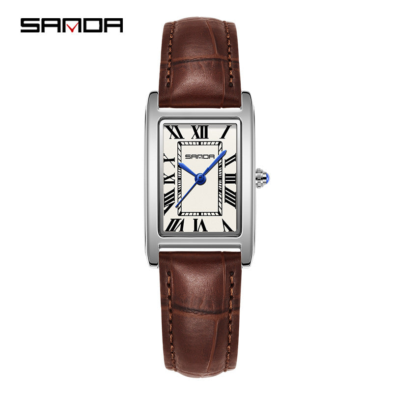 SANDA Retro Square Quartz Watch – Leather Strap Casual Watch for Men & Women