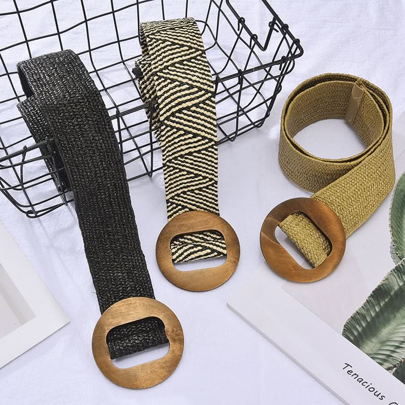 Women's Woven Elastic Belt – Stretch Waistband with Wooden Buckle