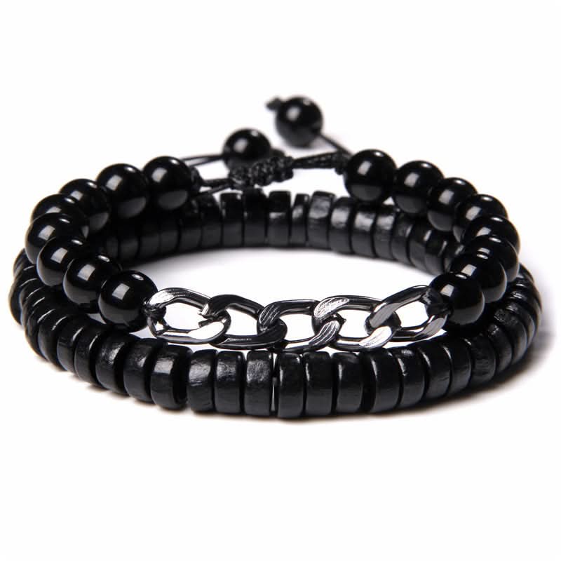 Men’s Lava Stone & Wooden Bead Bracelet – Black Glass Beads