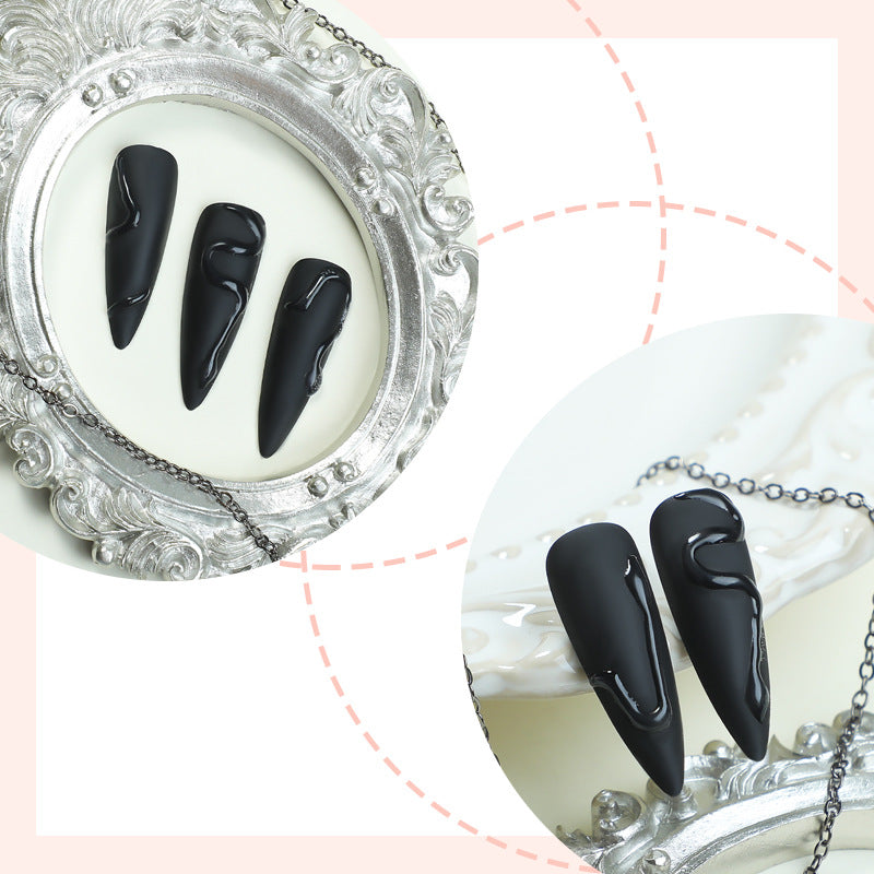 Edgy Black Stiletto Press-On Nails – Long Matte Acrylic with Glossy Snake Design Nails