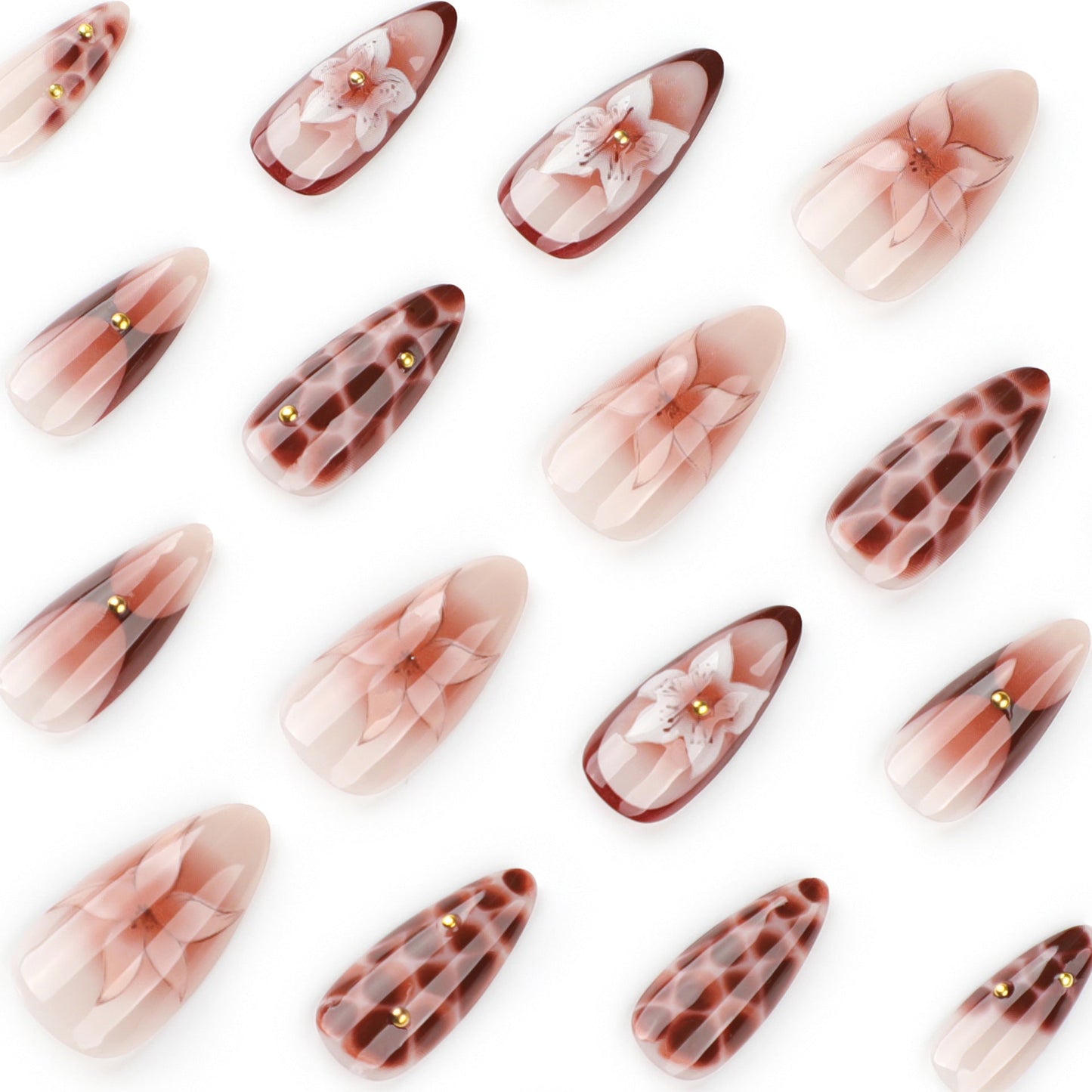 Elegant Stiletto Press-On Nails with 3D Floral & Animal Print – Brown Nude