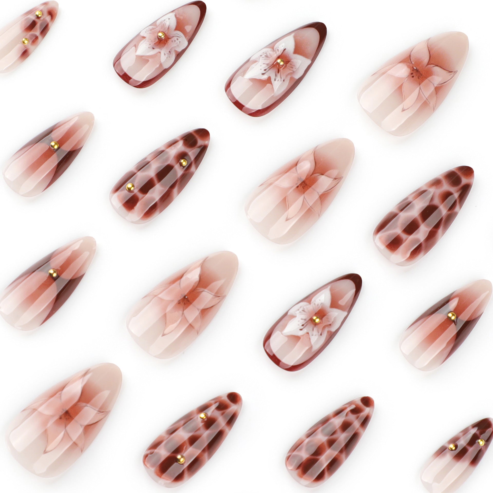 Elegant Stiletto Press-On Nails with 3D Floral & Animal Print – Brown Nude