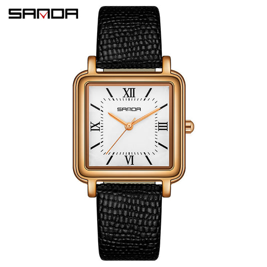 SANDA Women’s Square Quartz Watch – Retro Leather Strap with Roman Numerals