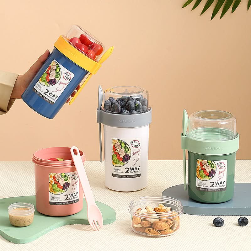 Double-Layer Yogurt & Salad Cup – Portable Breakfast Container with Fork