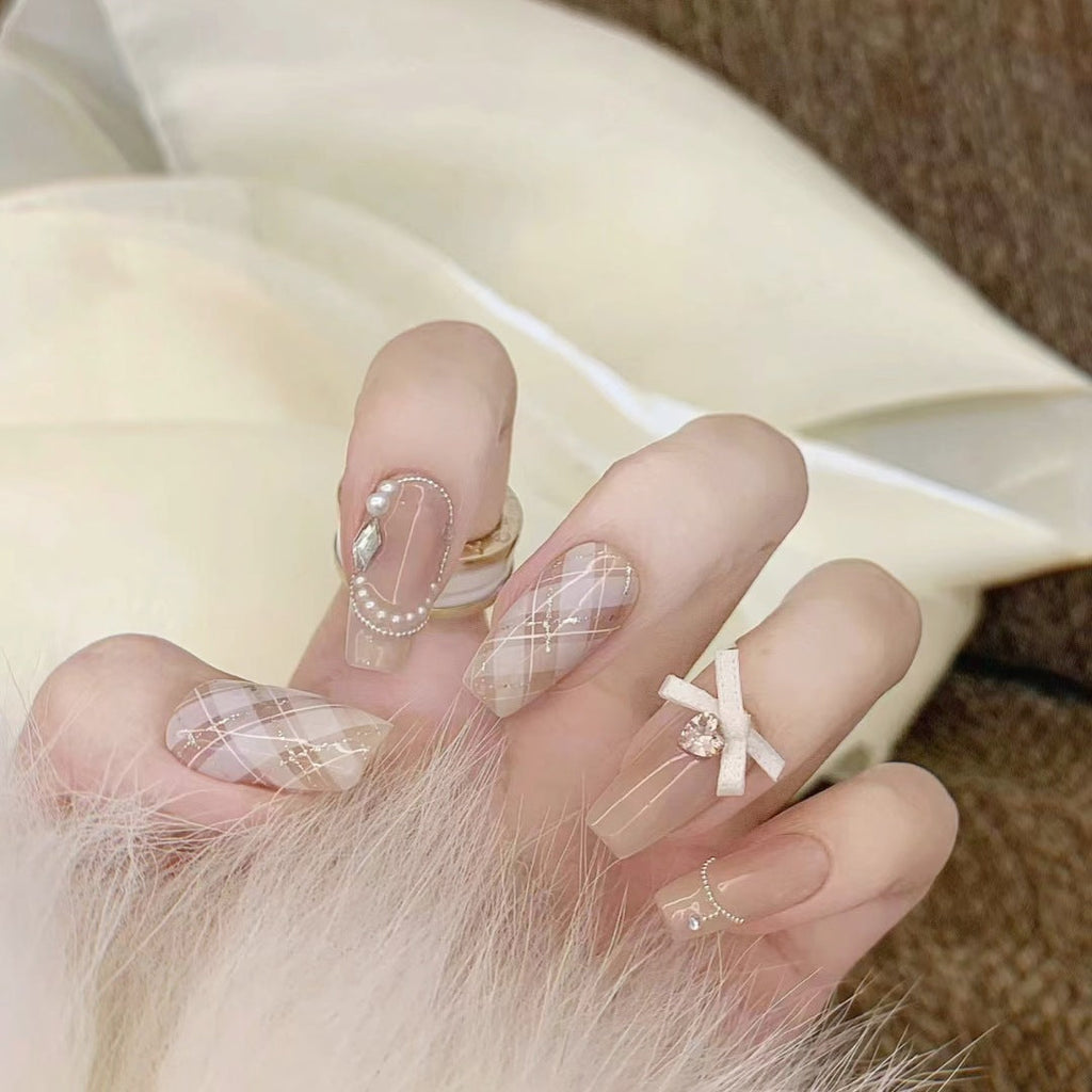 Sophisticated Plaid Press-On Nails with Pearl & Ribbon Accents, Square Acrylic Glue-On Set