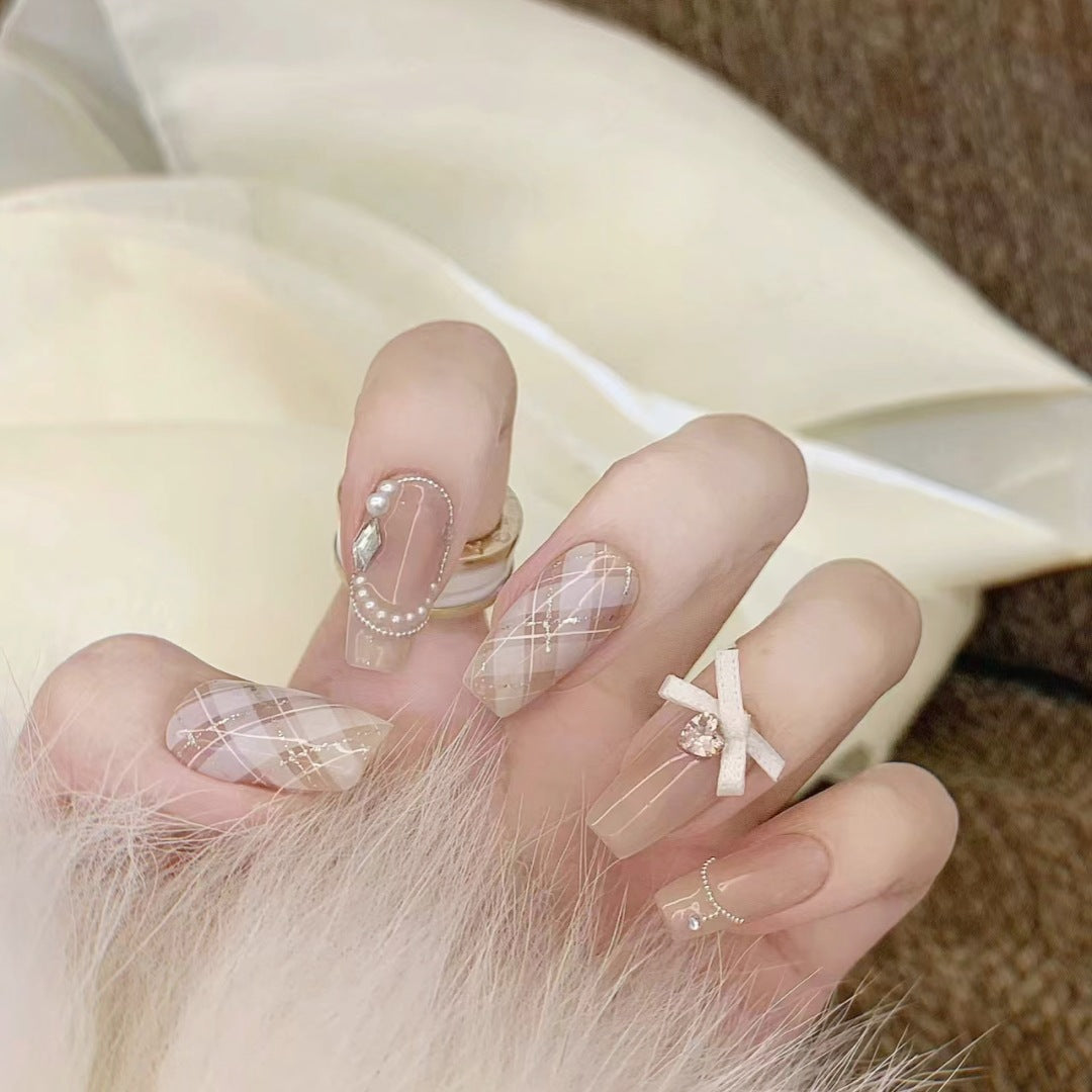 Sophisticated Plaid Press-On Nails with Pearl & Ribbon Accents, Square Acrylic Glue-On Set