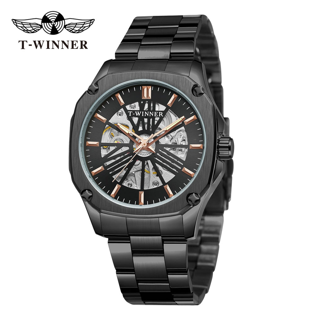 T-Winner Men’s Square Skeleton Automatic Mechanical Watch – Luminous Dial