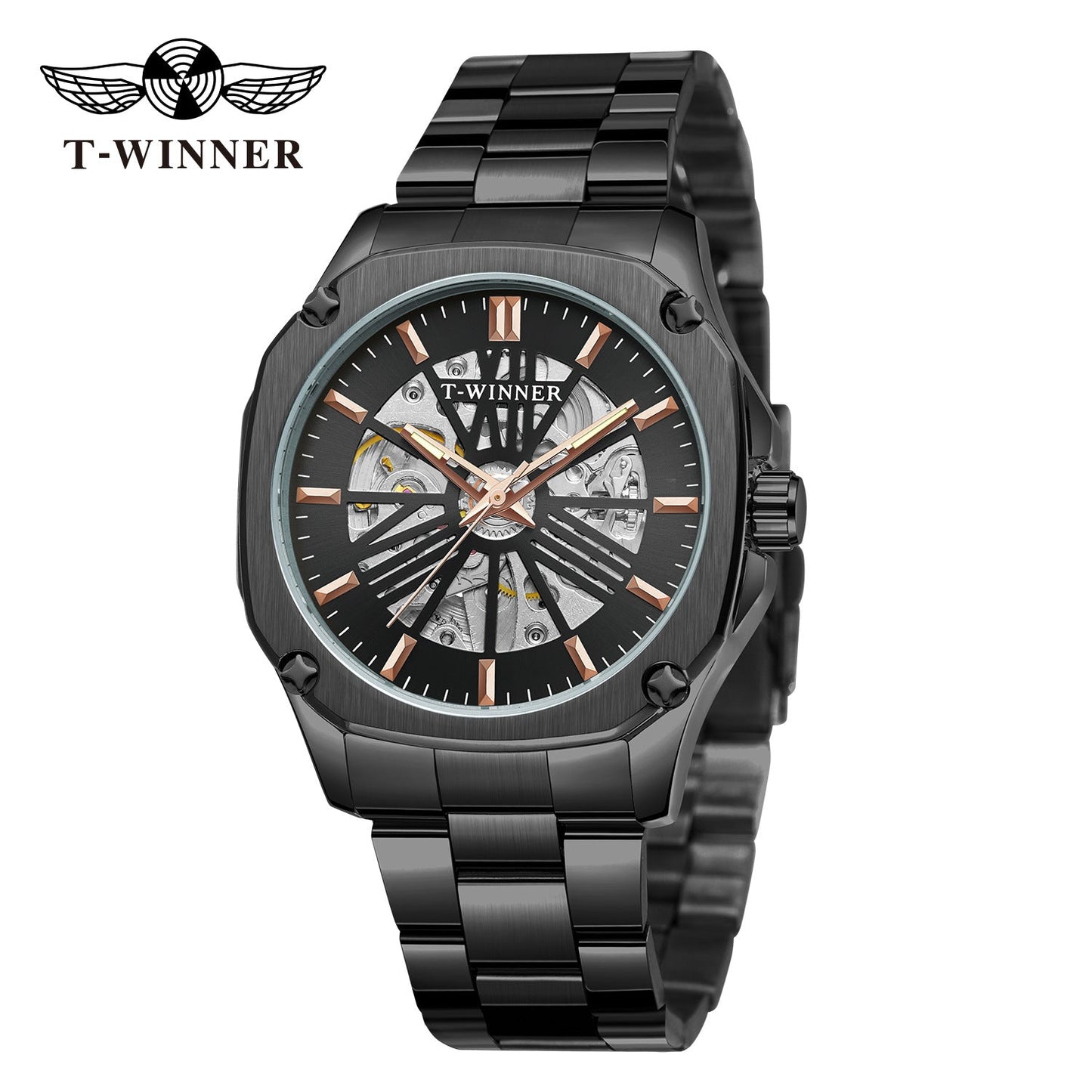 T-Winner Men’s Square Skeleton Automatic Mechanical Watch – Luminous Dial