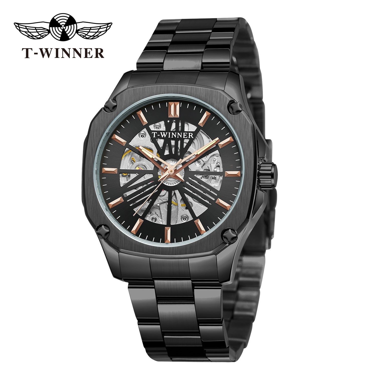 T-Winner Men’s Square Skeleton Automatic Mechanical Watch – Luminous Dial