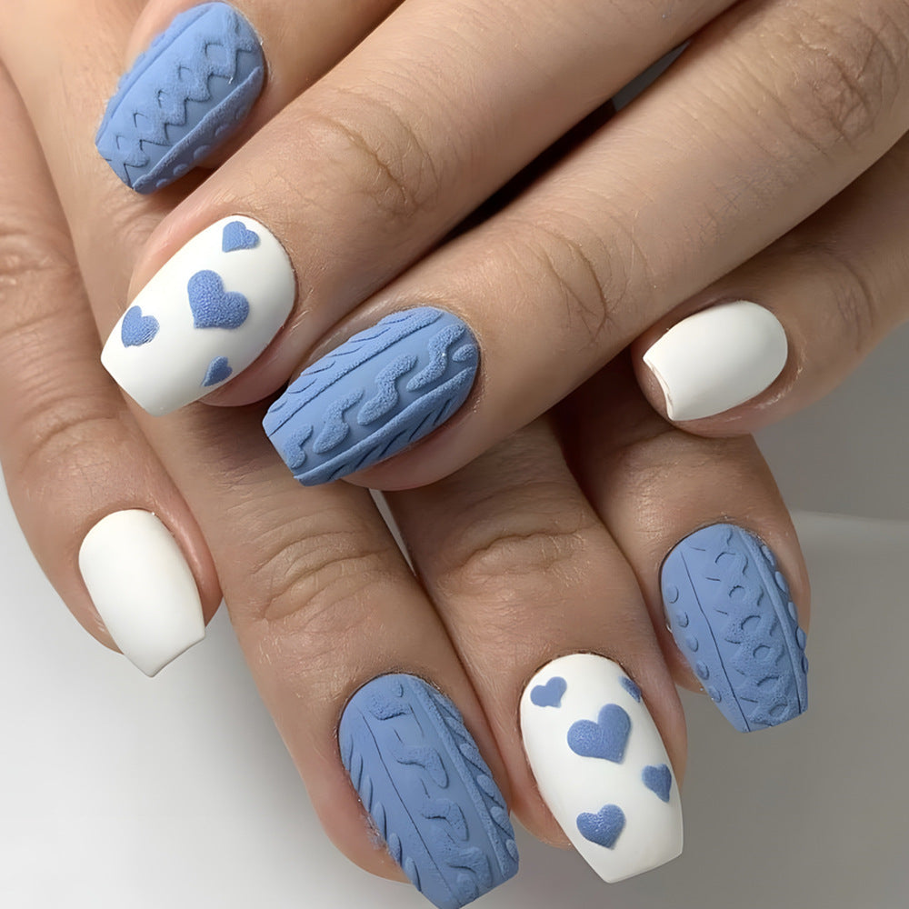 Blue Heart Matte Press-On Nails – Medium Square Acrylic Glue-on Nail Set Tips