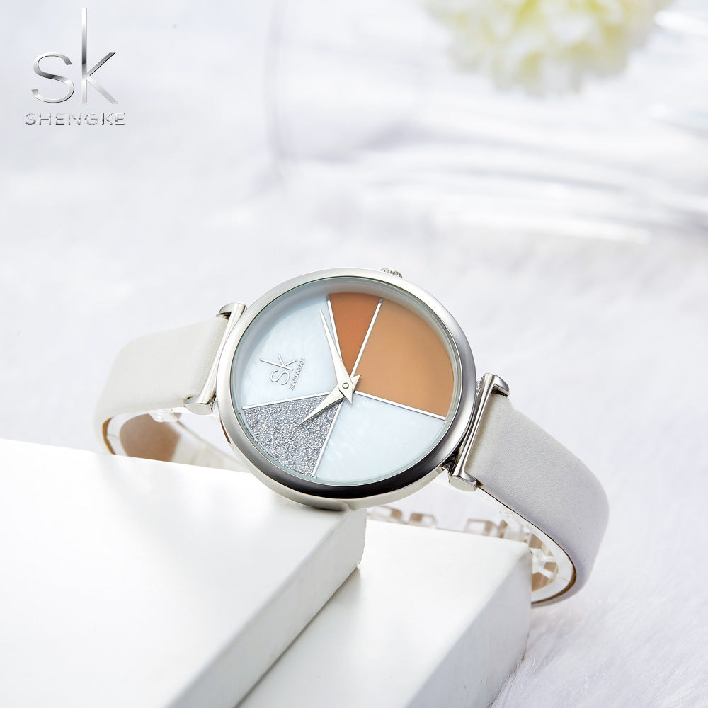 SK Women’s Quartz Watch – Glitter Shell Dial with Leather Strap, Waterproof Wristwatch