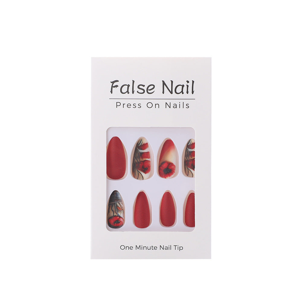 Elegant Matte Almond Press-On Nails – Long Red & Nude Acrylic with Floral Design