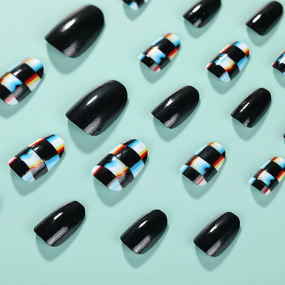 Checkerboard Press-On Nails – Glossy Square Design with Abstract Multicolor Accents