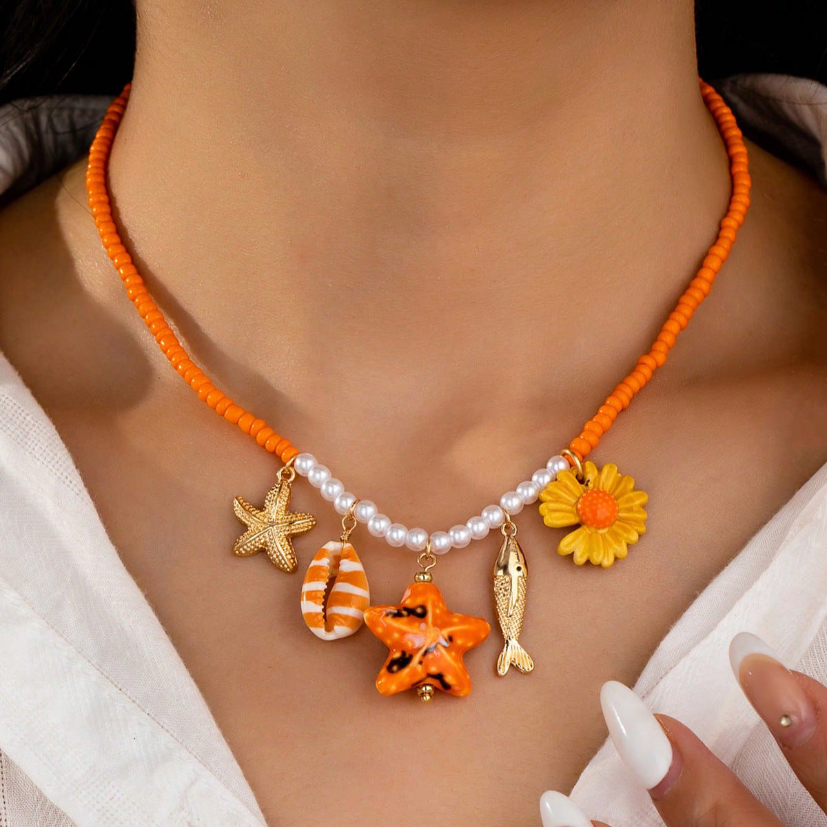 Bohemian Starfish & Shell Beaded Necklace – Summer Beach Jewelry for Women