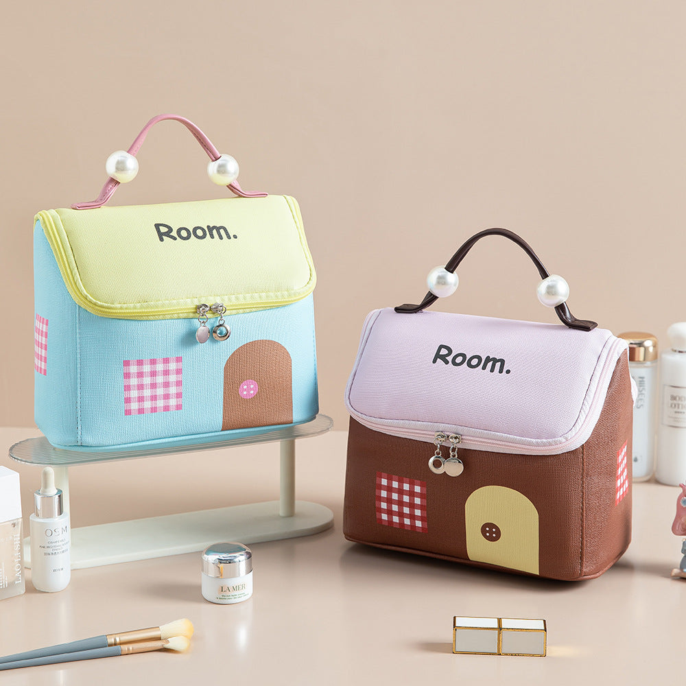 Cute House Cosmetic Bag – Large Capacity Travel Makeup Organizer with Wide Opening