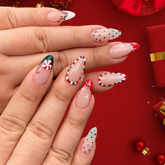 Festive Almond Press-On Nails – Red & Pink Candy Design with Polka Dot & Star Pattern