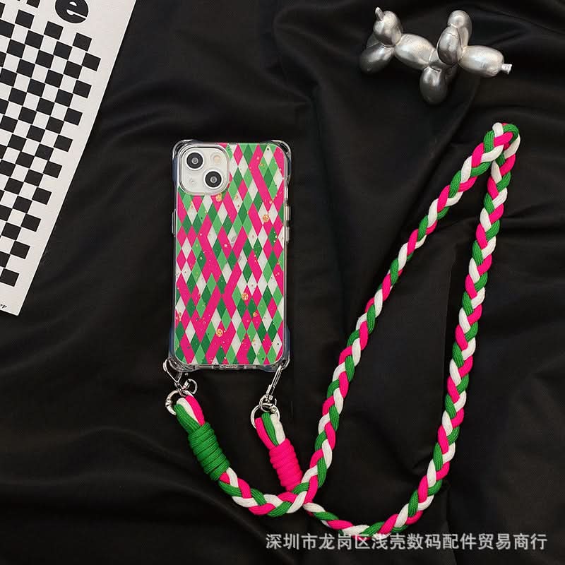 Splicing Diamond iPhone Case with Crossbody Lanyard
