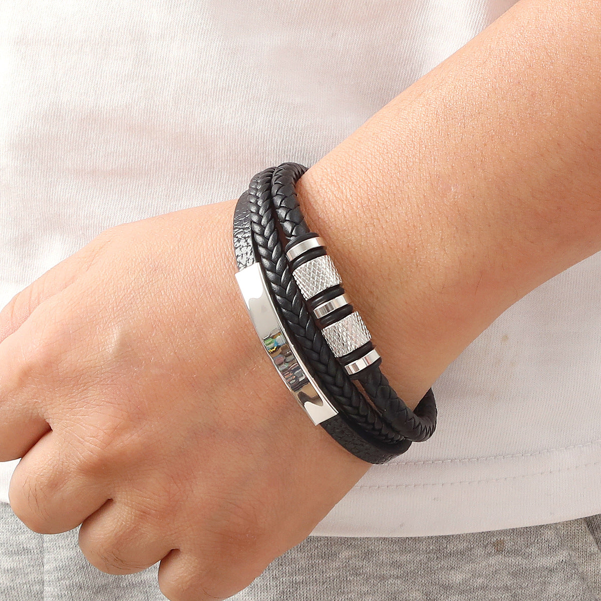 Men’s Leather Bracelet – Geometric Multi-Layer Design with Magnetic Alloy Clasp