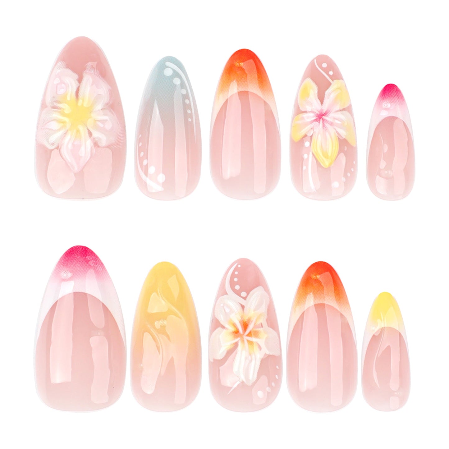 Tropical Floral 3D Press-On Nails – Oval Ombre Acrylic with Flowers & Swirl Design