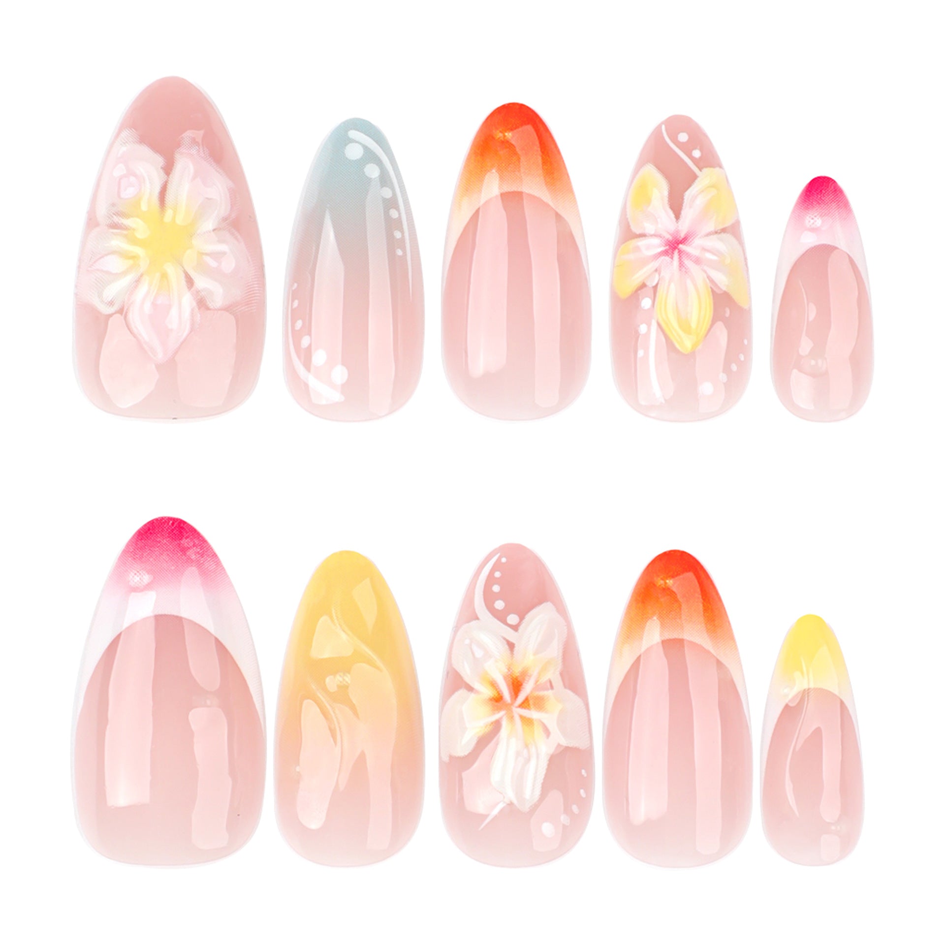 Tropical Floral 3D Press-On Nails – Oval Ombre Acrylic with Flowers & Swirl Design