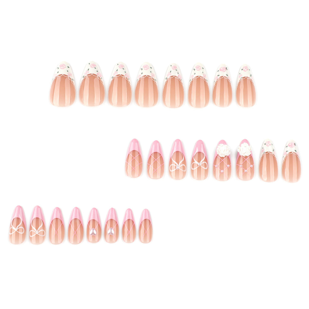 Sweet Lace Floral Press-On Nails – 3D Camellia Design, Glossy Almond Shape