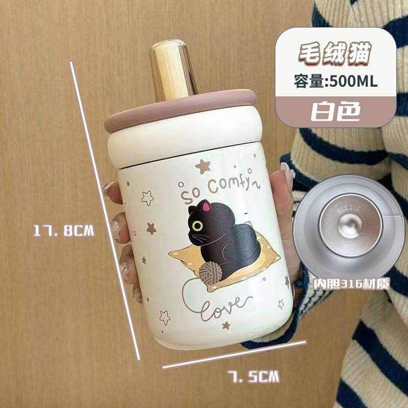 Cute Cat Stainless Steel Thermos Cup – 500ml Insulated Water Bottle with Straw