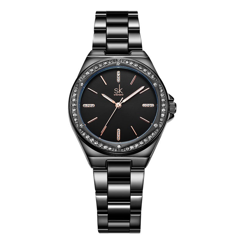 SK Women’s Diamond Quartz Watch – Stainless Steel Strap, Round Dial, 30M Waterproof
