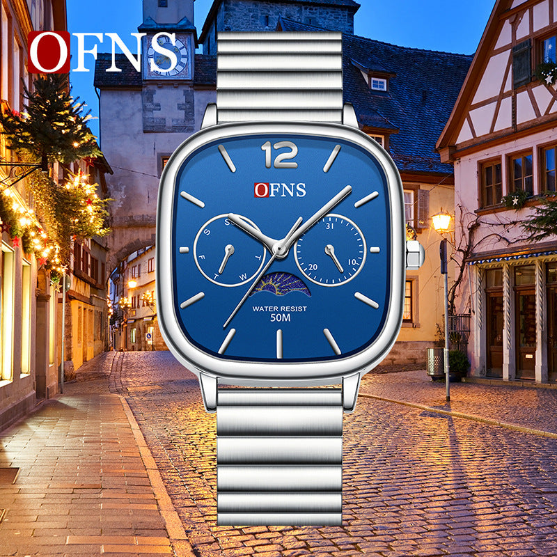OFNS Square Quartz Watch with Moon Phase & Calendar – Waterproof Business Unisex Watch