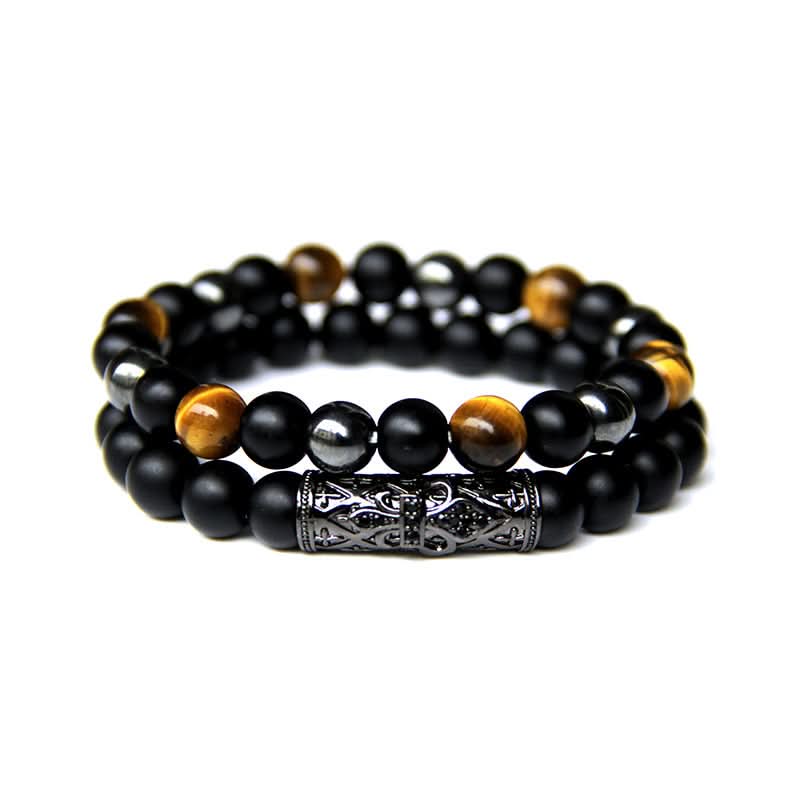 Unisex Natural Stone Beaded Bracelet Set – Micro-Inlaid Skull Design