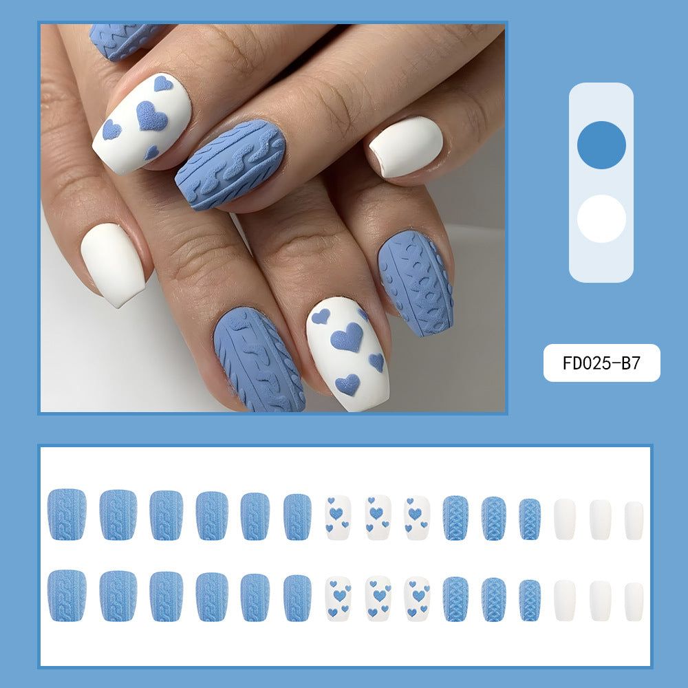 Blue Heart Matte Press-On Nails – Medium Square Acrylic Glue-on Nail Set Tips