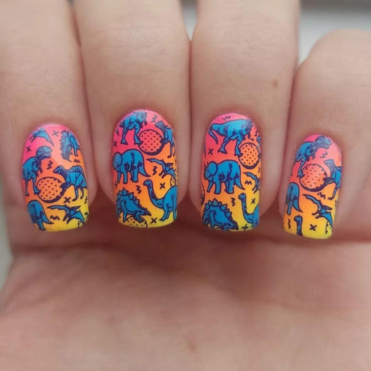 Playful Dinosaur Press-On Nails – Neon Rainbow Square Matte Acrylic Set