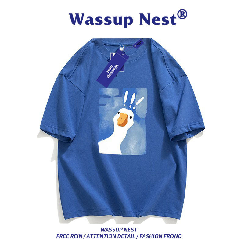 Men’s Cartoon Print Cotton T-Shirt – Klein Blue Summer Tee, Loose Fit, Short Sleeve