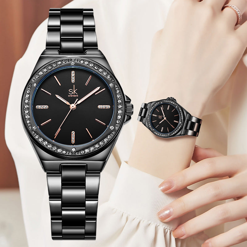 SK Women’s Diamond Quartz Watch – Stainless Steel Strap, Round Dial, 30M Waterproof