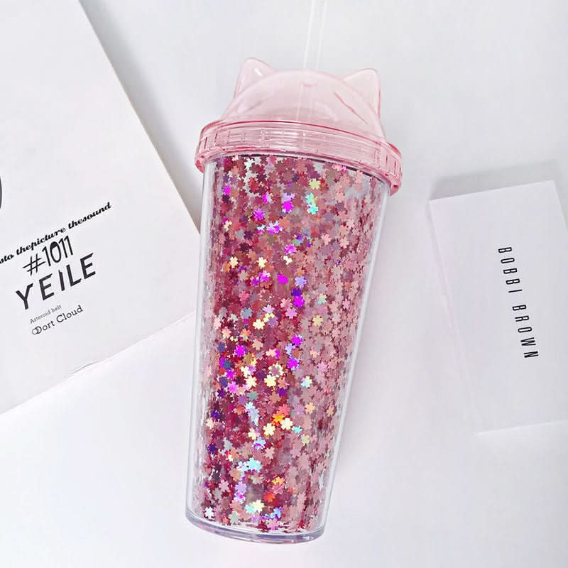 Cute Cat Ear Glitter Straw Cup, 450ml