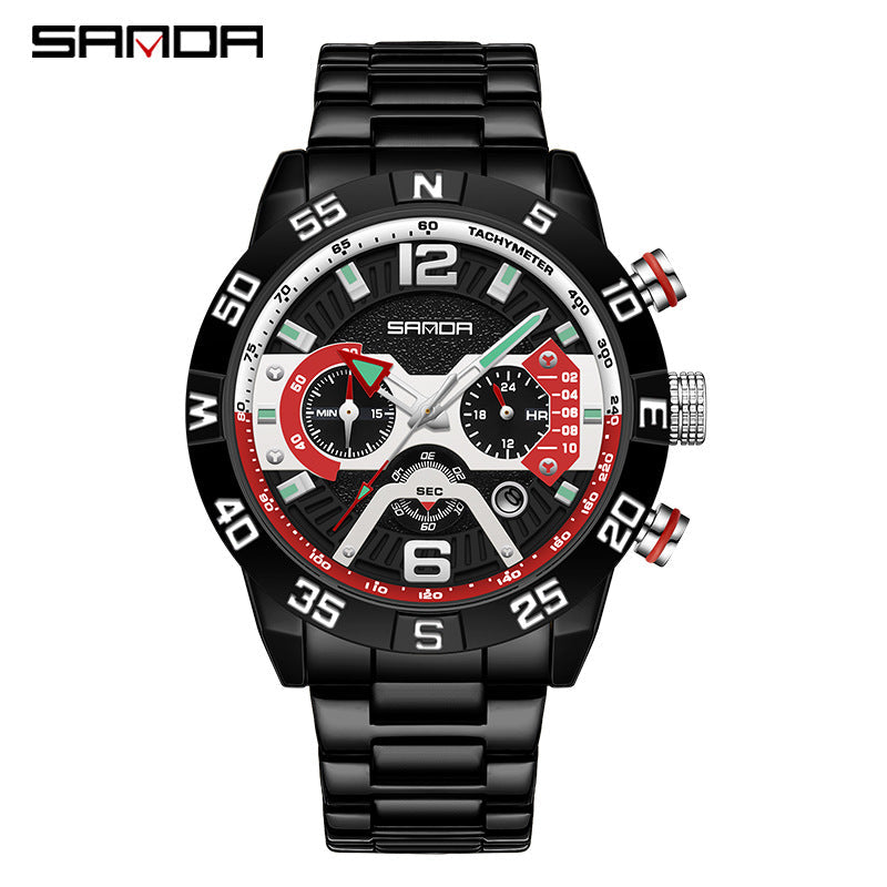 SANDA Men’s Quartz Watch – Three-Eye Steel Band Fashion Shockproof Timepiece