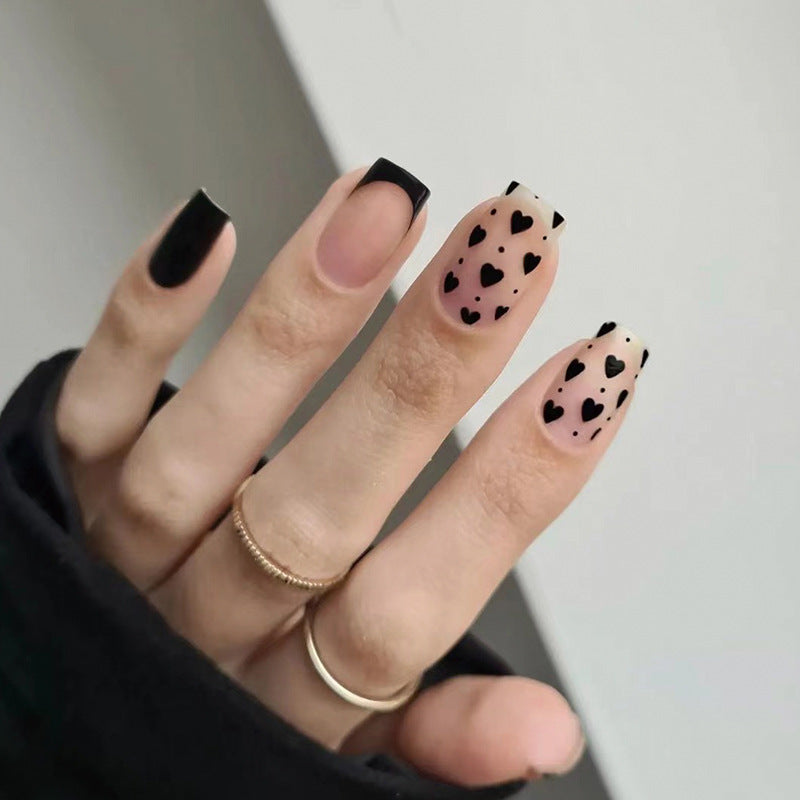 Black French Tip Press-On Nails with Heart Design – Square Glue-On Nail Art