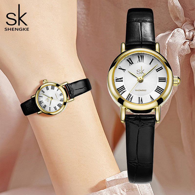 SK Women’s Black Quartz Watch – Leather Strap, 30M Waterproof Round Dial Casual Watch