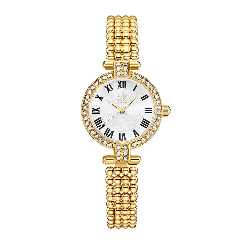 SK Women’s Quartz Watch – Diamond Accent Round Dial, Alloy Strap, Fashion Wristwatch