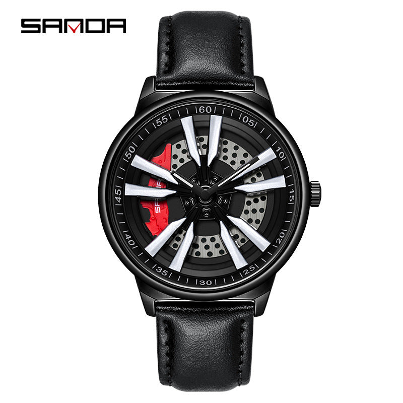Sanda Men’s Leather Strap Quartz Watch – Hollow Dial Analog Wristwatch