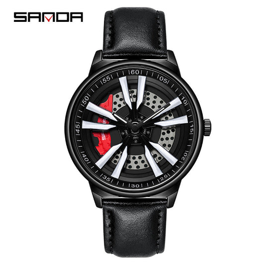 Sanda Men’s Leather Strap Quartz Watch – Hollow Dial Analog Wristwatch